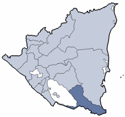 Mapa de Nicaragua, destaca, en azul oscuro, el Departamento de Rio San Juan